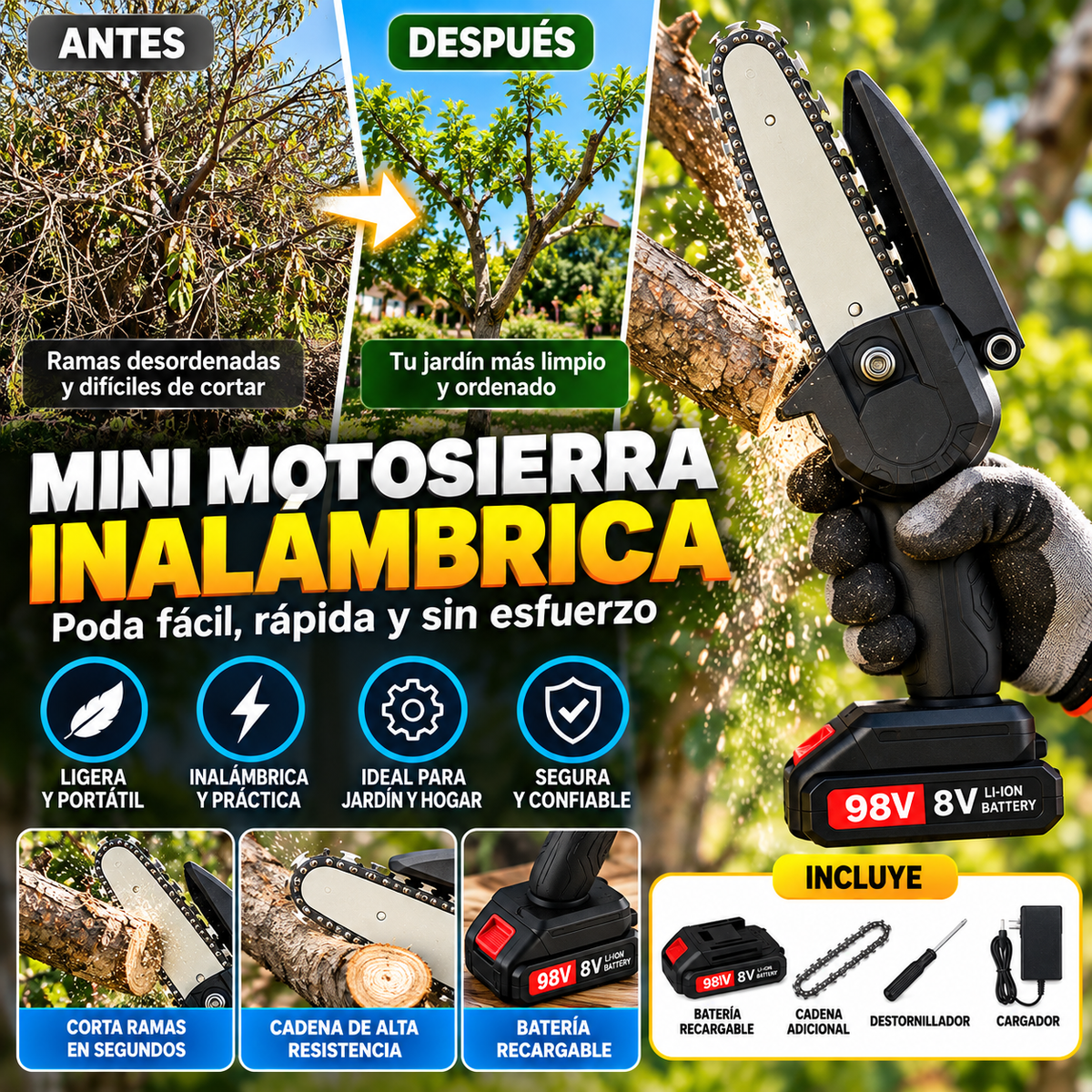 Motosierra Eléctrica Portátil Recargable